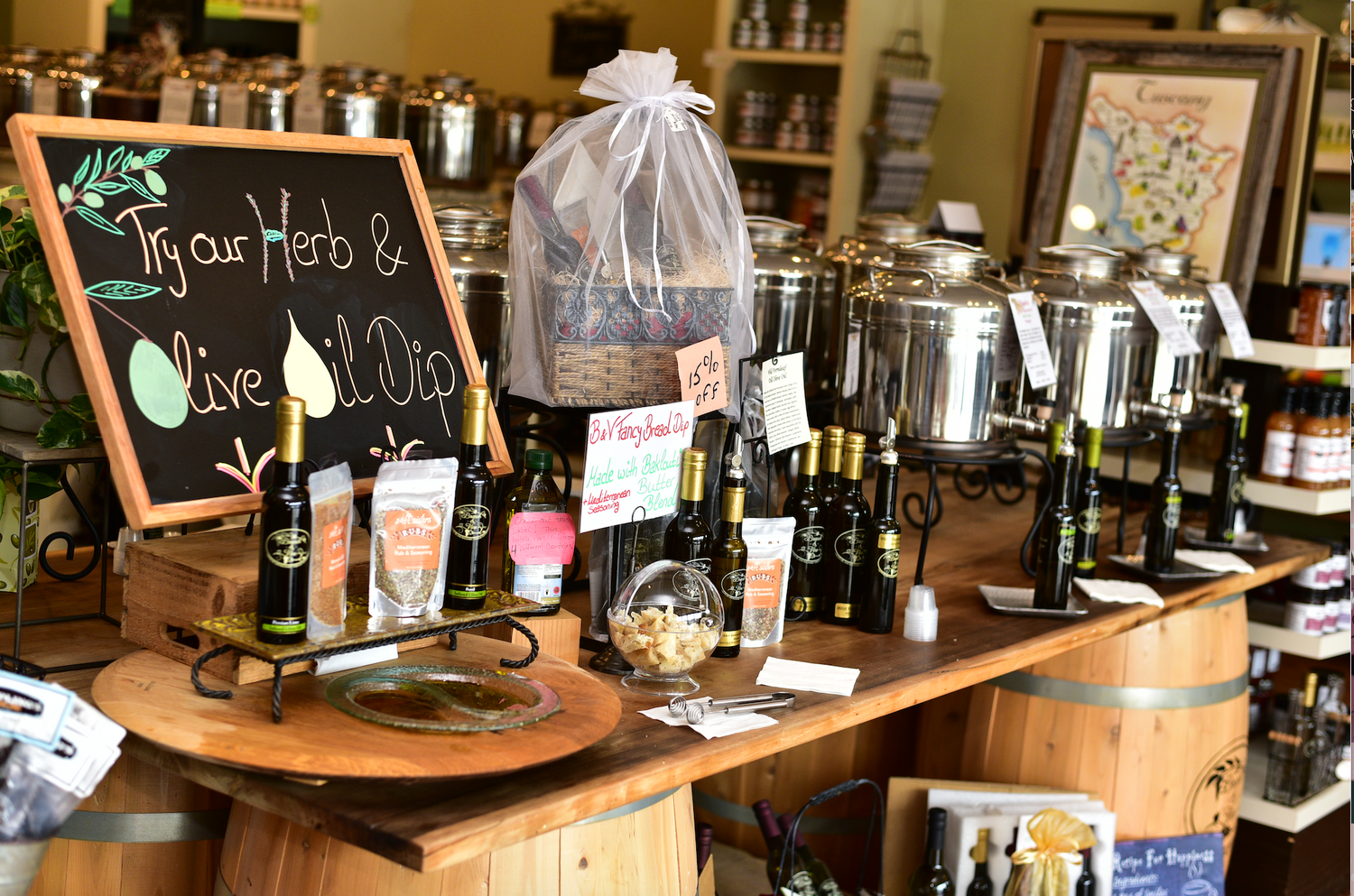 Quality Olive Oils on display inside Branch and Vine Store