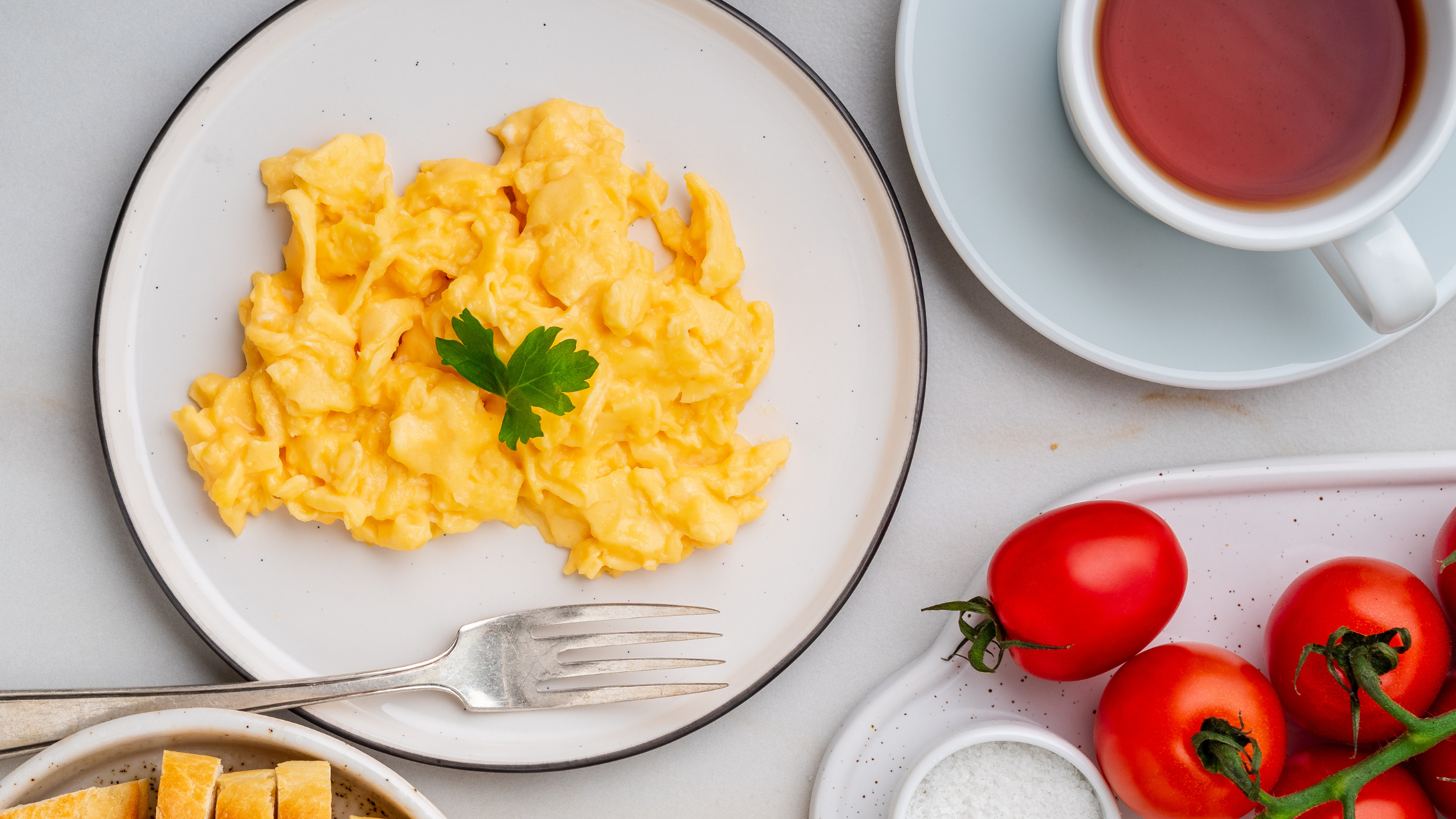Aerial view of breakfast with scrambled eggs