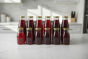 Jars of red liquid with gold lids on a white surface in a kitchen.